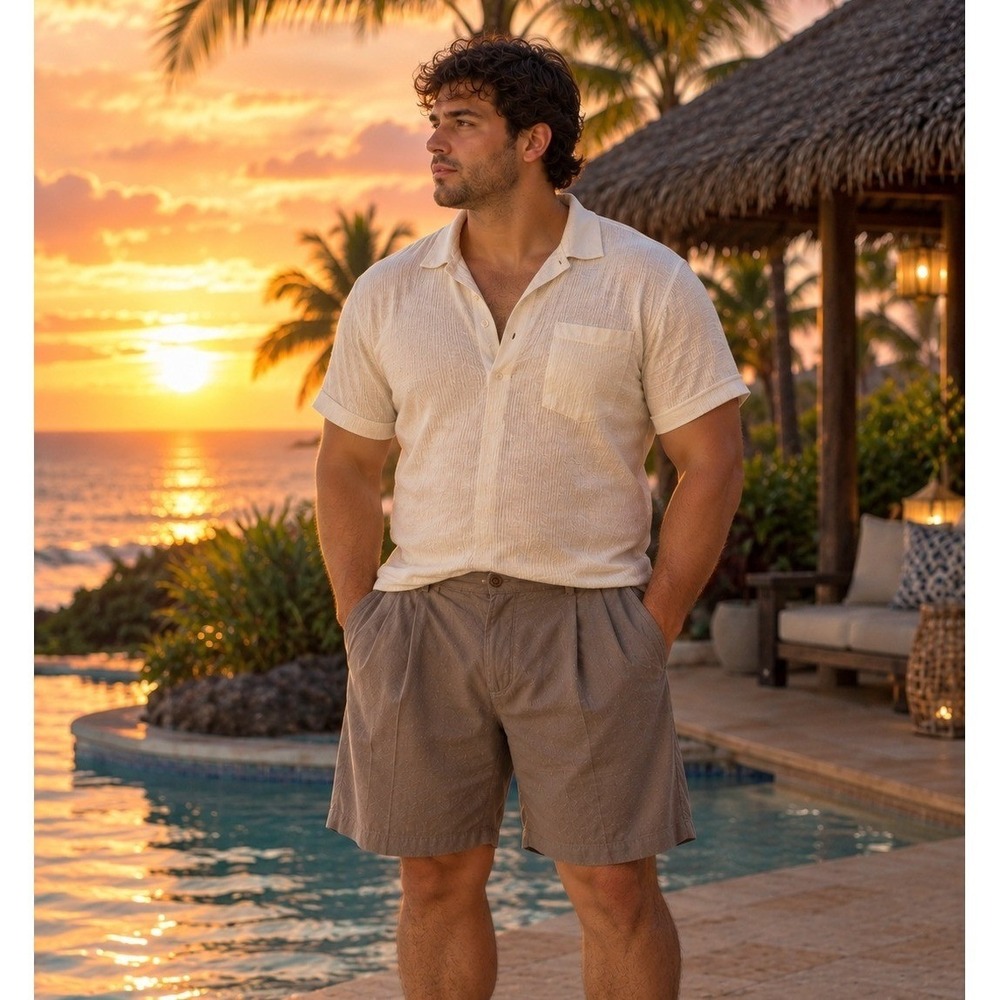Boca Classic Shorts Size 40 Brown 100% Silk Pleated Herringbone Island Wear 1472